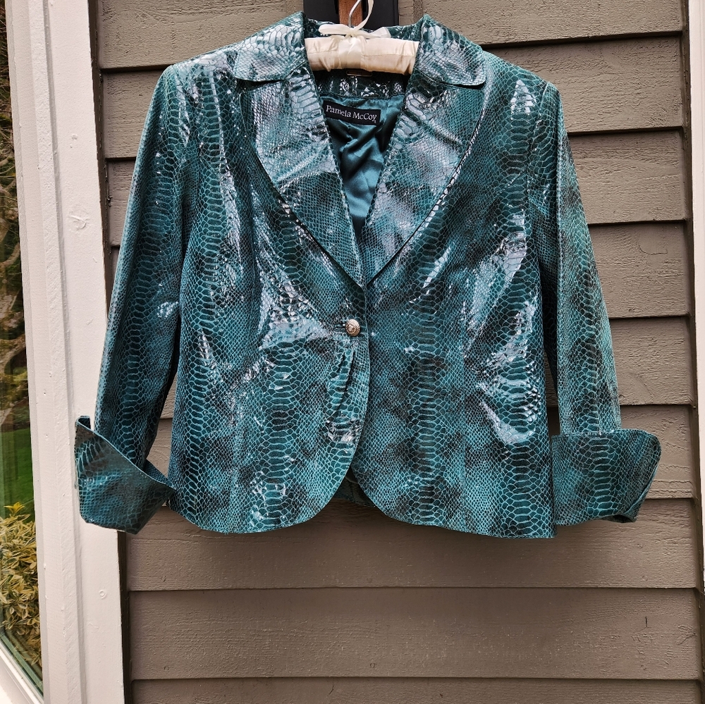 Pamela McCoy Blue Leather Jacket Oversized Shimmery